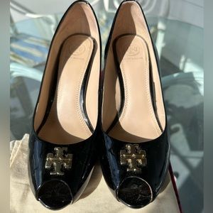 Tory Burch Shoes: Jade 85MM Peep Toe Wedge Patten Leather Black